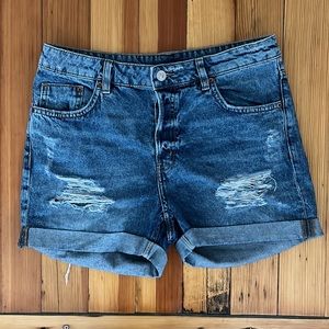 H&M Divided Blue High Rise Denim Shorts Destroyed Cuff and Button Fly Size 8